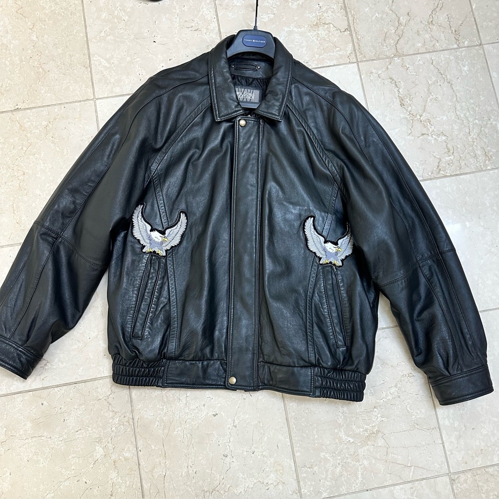 Men’s Vintage Wilson Black Leather‎ Bomber Jacket With Eagle Embroidery Size XL - Picture 2 of 10
